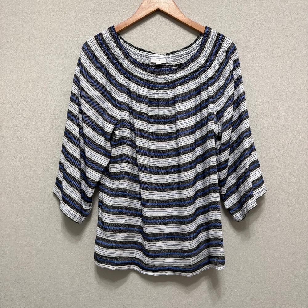 J. Jill Linen Blend Striped Smocked Peasant Top - White, Blue, Black - L